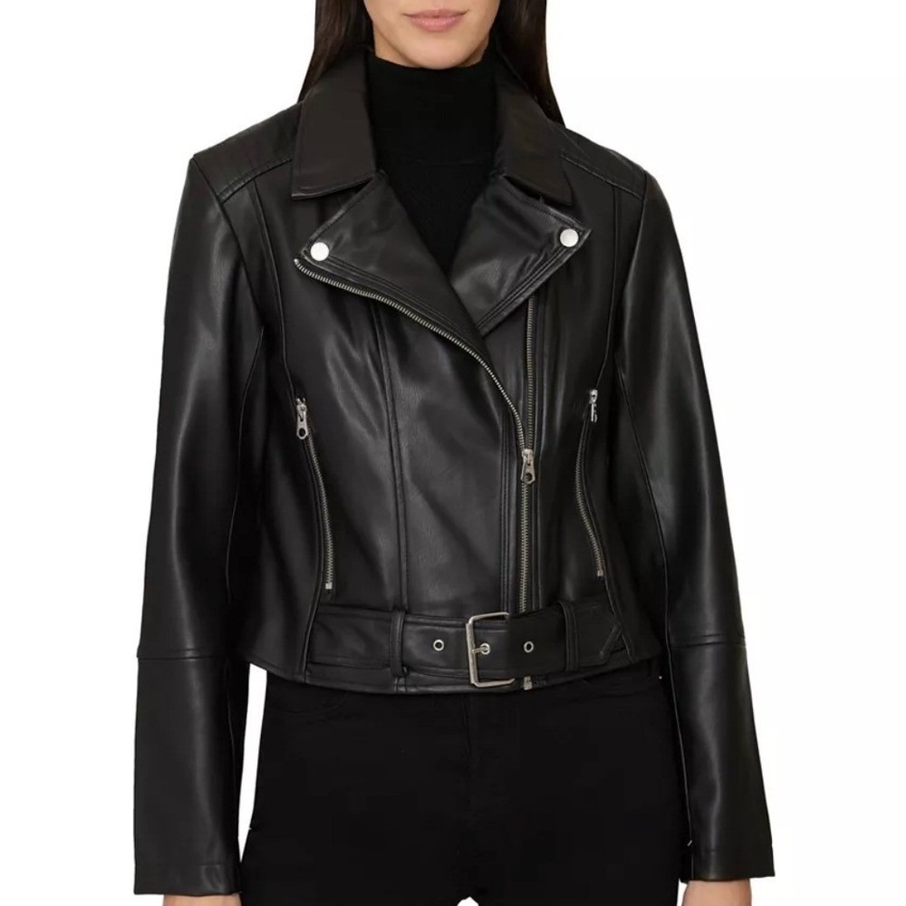 FRENCH CONNECTION NWT Black Faux Leather Moto Jacket Buckle Belt Biker Size M‎